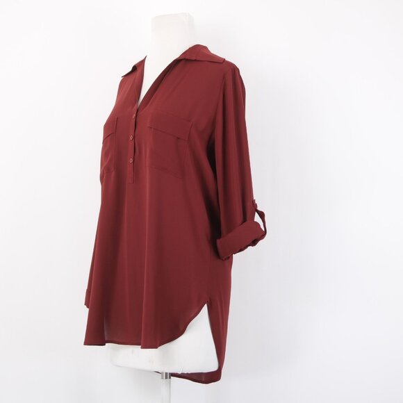 Pleione Top Sz XS Burgundy Red Collared Hi Lo Buttons 100% Polyester Top - Picture 6 of 15